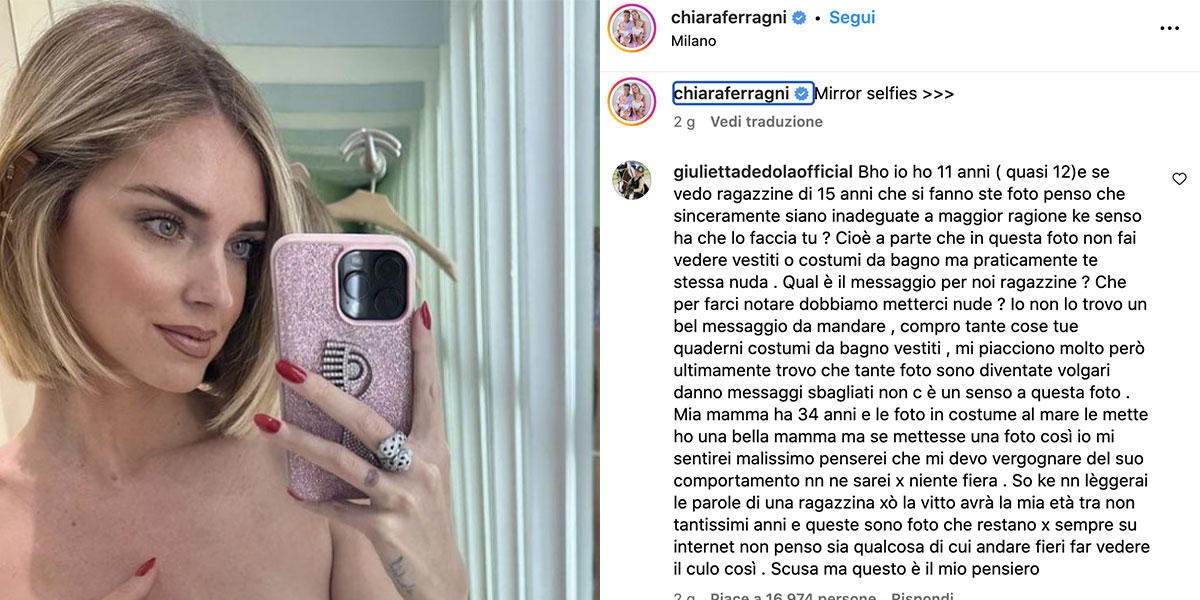 Chiara Ferragni, bannata da Instagram la ragazzina che l’ha criticata: la madre sbotta